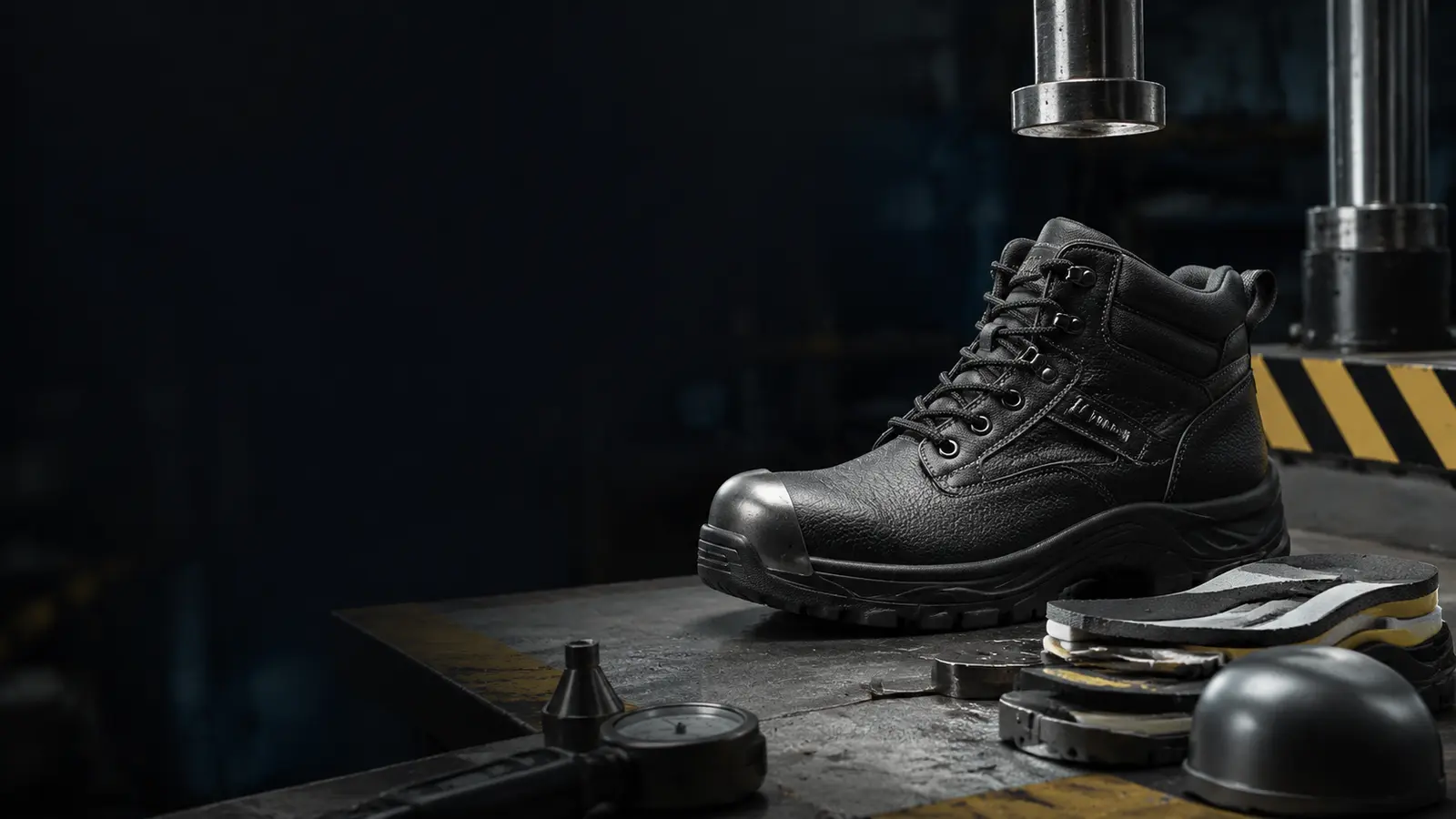 Safety boot on an industrial testing bench for a guide to safety footwear standards